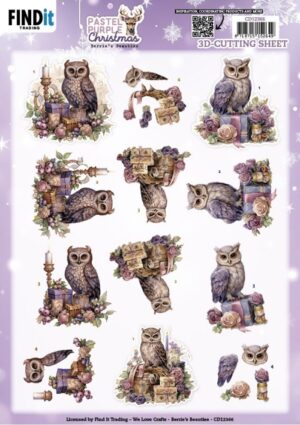 knipvel-3D- Berries Beauties - Pastel Purple Christmas: Owl - CD12366