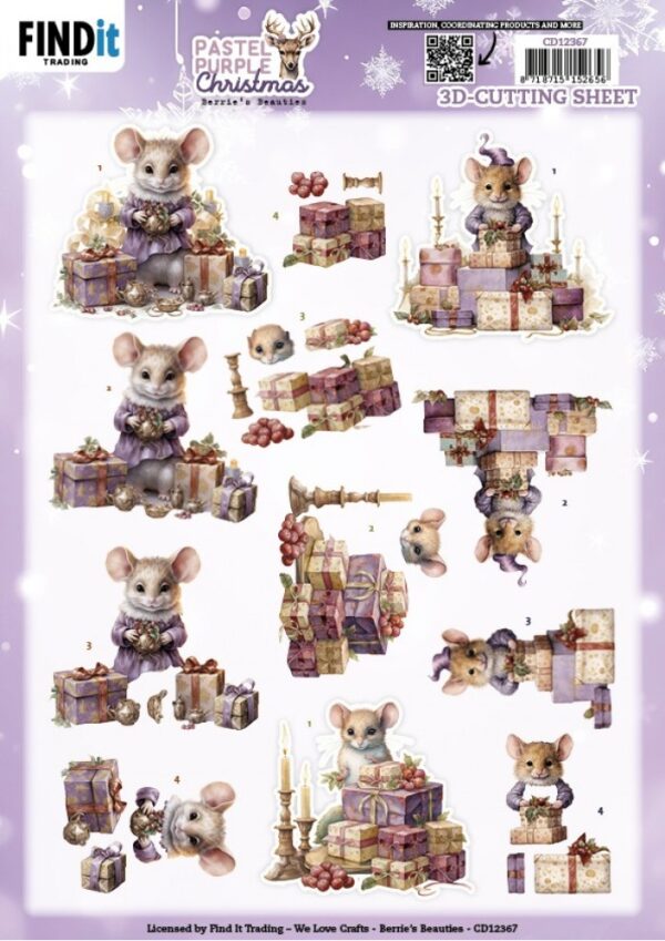 knipvel-3D- Berries Beauties - Pastel Purple Christmas: Mouse - CD12367