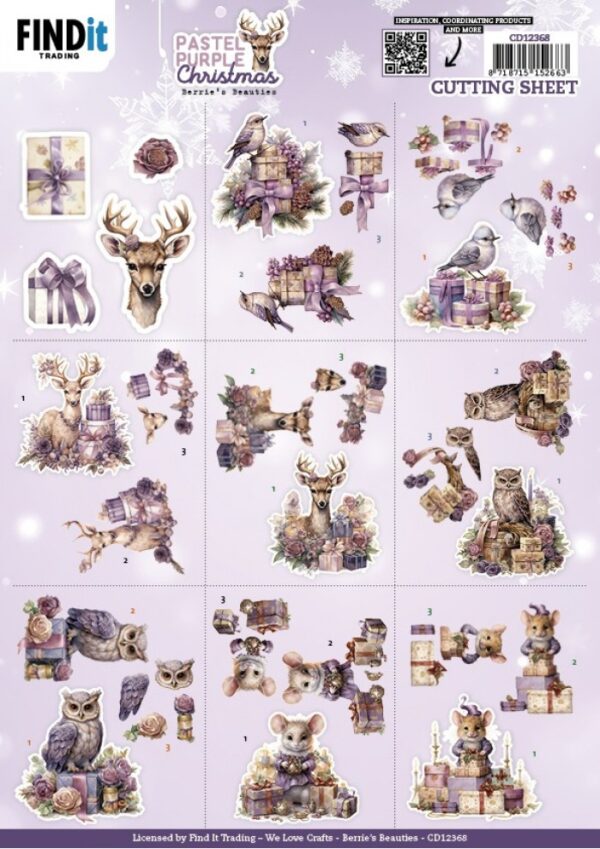 knipvel-3D- Berries Beauties - Pastel Purple Christmas: Mini - CD12368