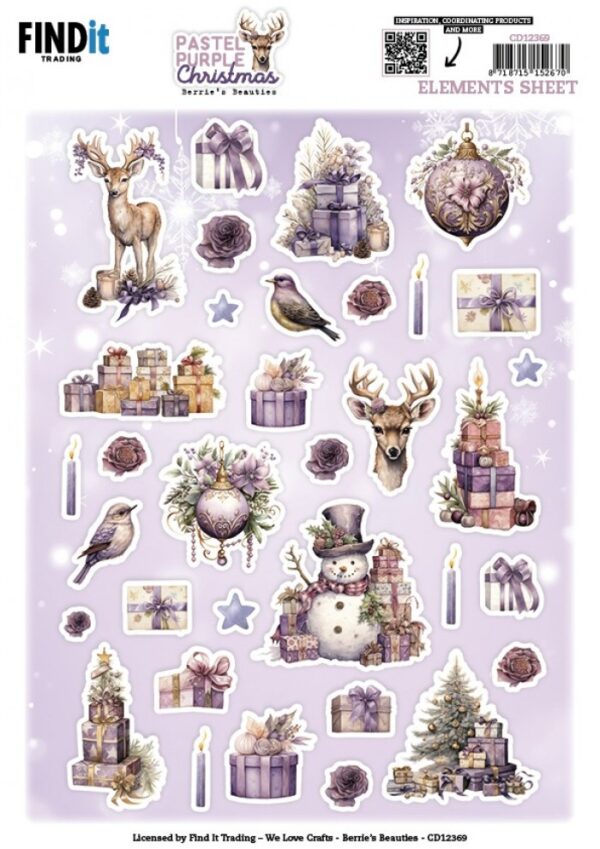 knipvel-3D- Berries Beauties - Pastel Purple Christmas: Small Elements - CD12369