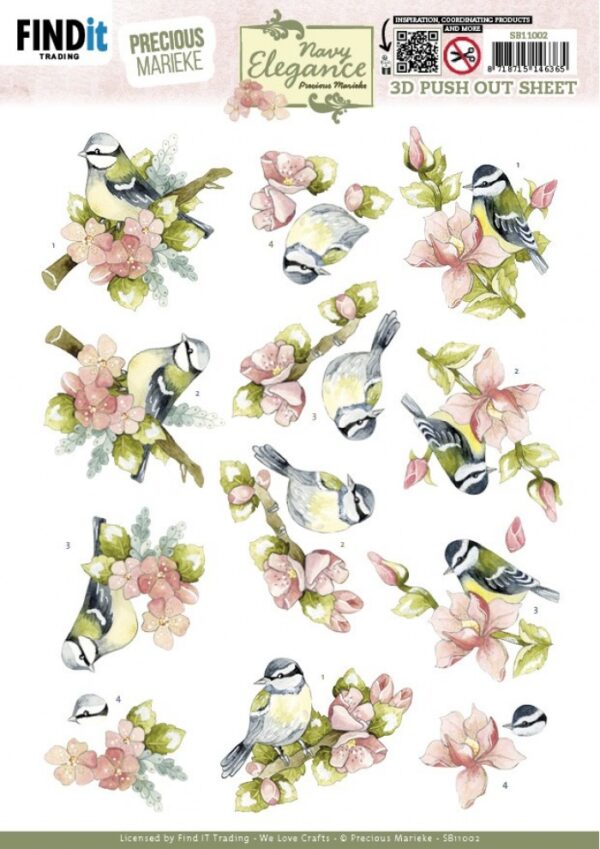 Push-out sheet-3D - Precious Marieke - Navy Elegance: Flower Bird - SB11002