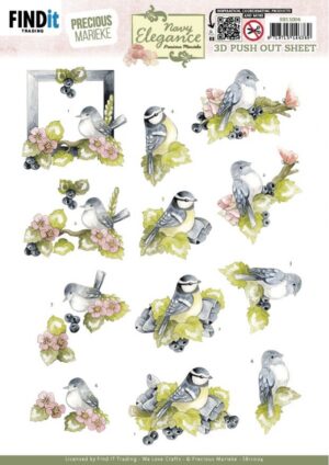 Push-out sheet-3D - Precious Marieke - Navy Elegance: Blue Birds - SB11004