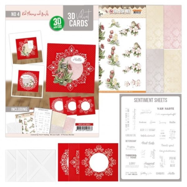 3D Velvet Cards Nr. 4 Red Flowers and Birds