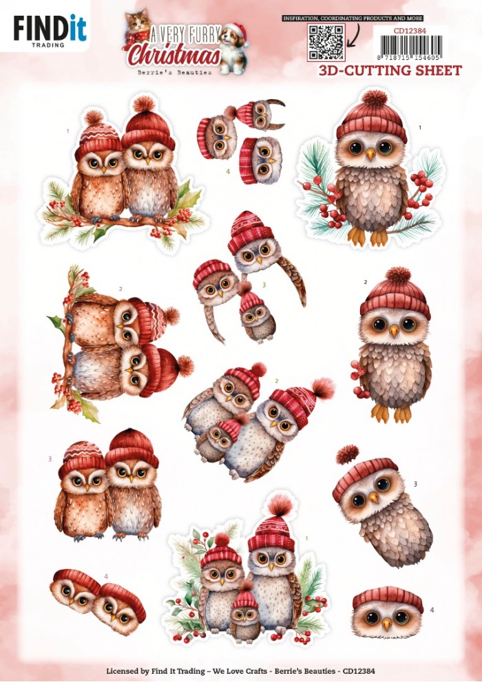 knipvel-3D- Berries Beauties - A Very Furry Christmas: Owl - CD12384