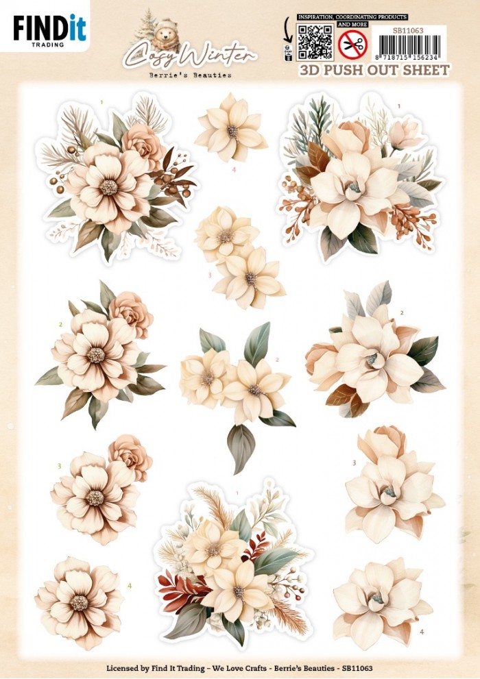Push-out sheet - 3D - Berrie's Beauties - Cosy Winter - Cosy Flowers SB11063