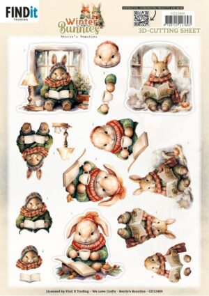 knipvel-3D - Berries Beauties - Winter Bunnies: Reading - CD12400